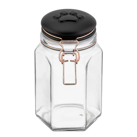 Amici Pet Bernese clear glass treat canister on kitchen counter, keeps treats visible and fresh