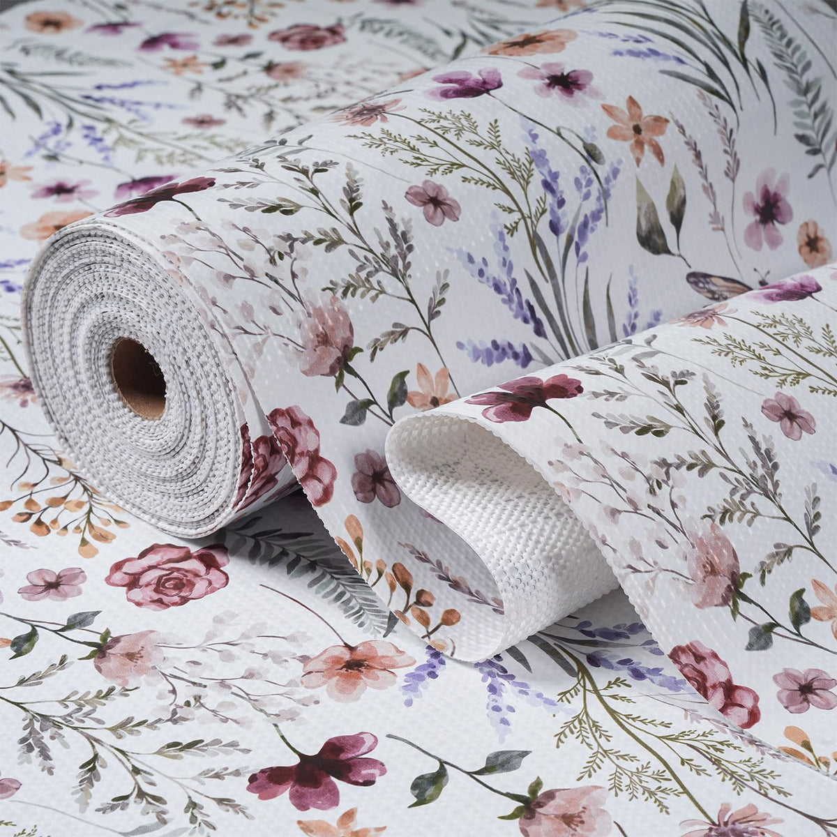 Amiitay floral shelf liner with non-slip texture keeps items secure in cabinets.