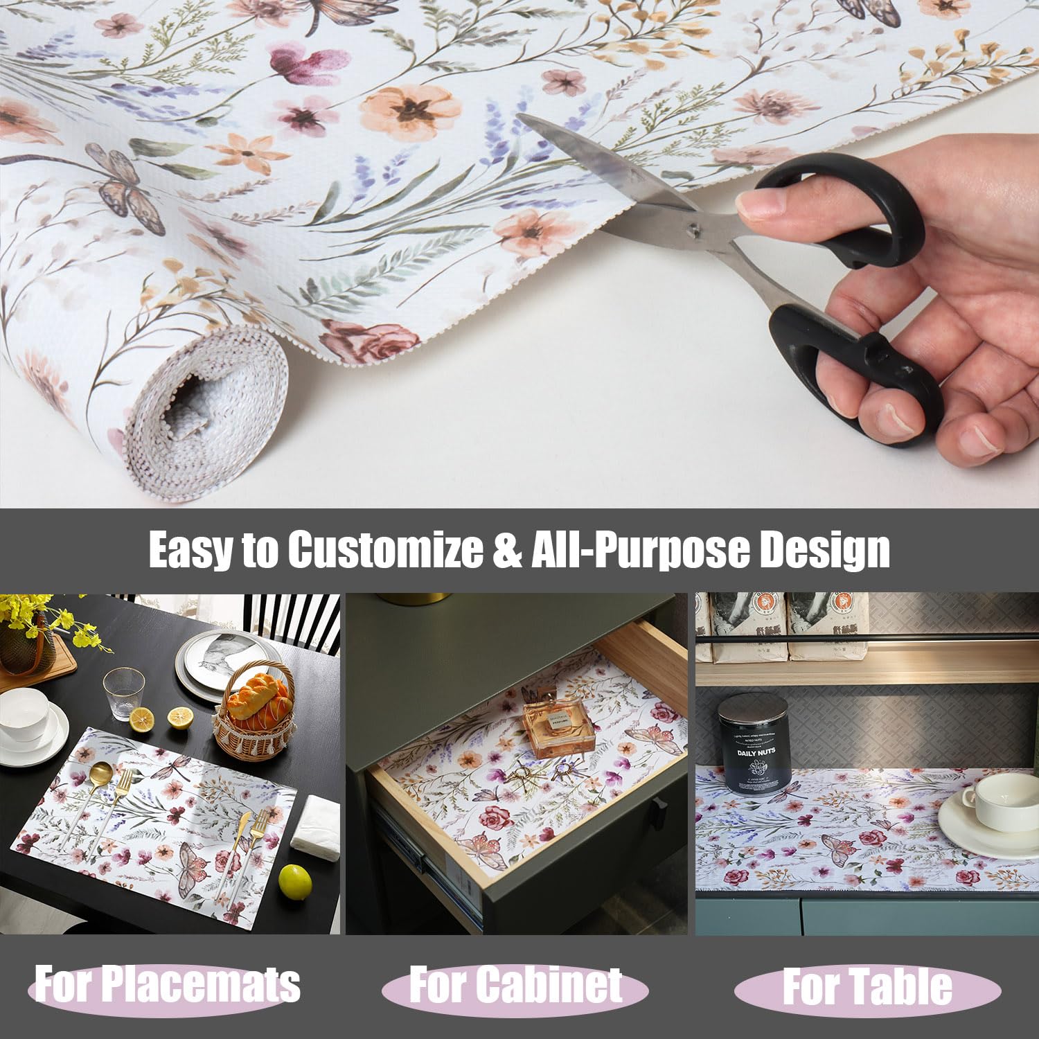 Amiitay patterned liner adds beauty while organizing storage areas.