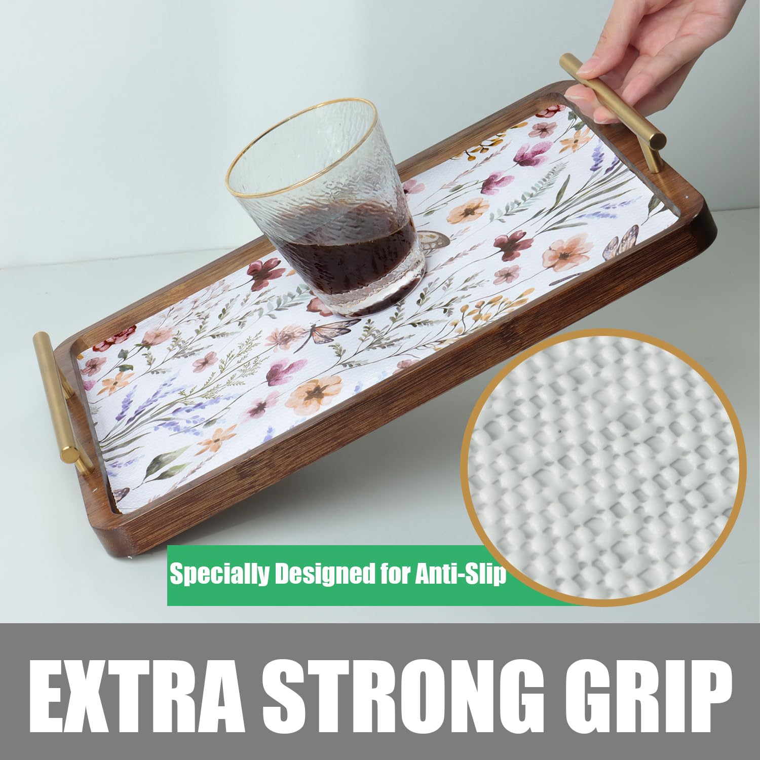 Amiitay tear-resistant shelf liner endures daily wear on pantry shelves.