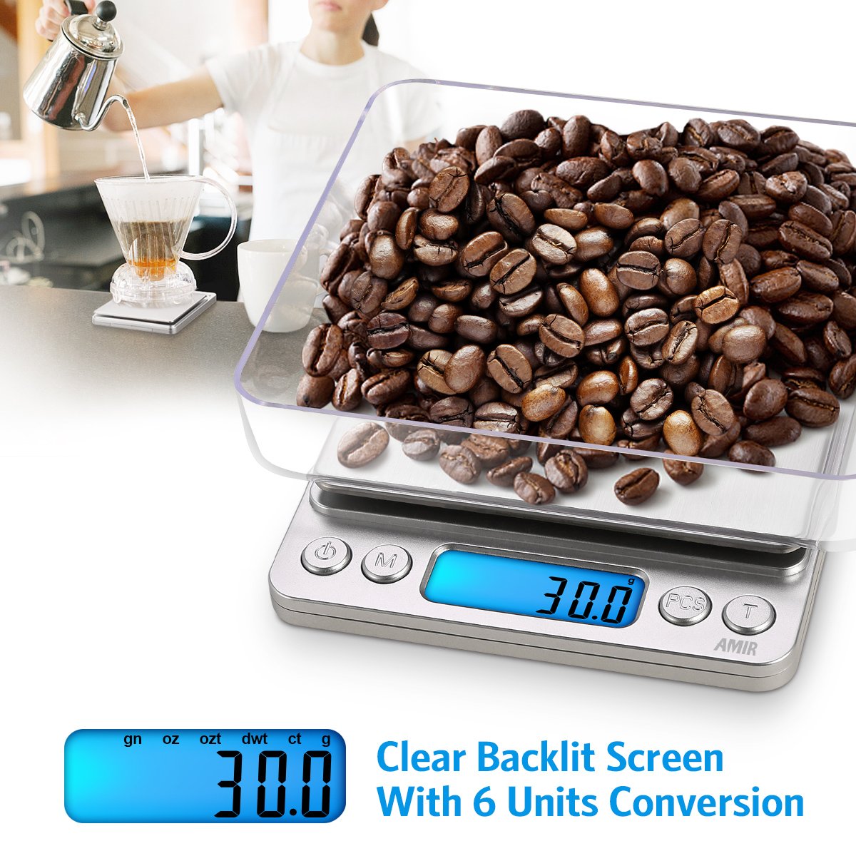 AMIR digital kitchen scale 10 cm tray provides a compact weighing surface