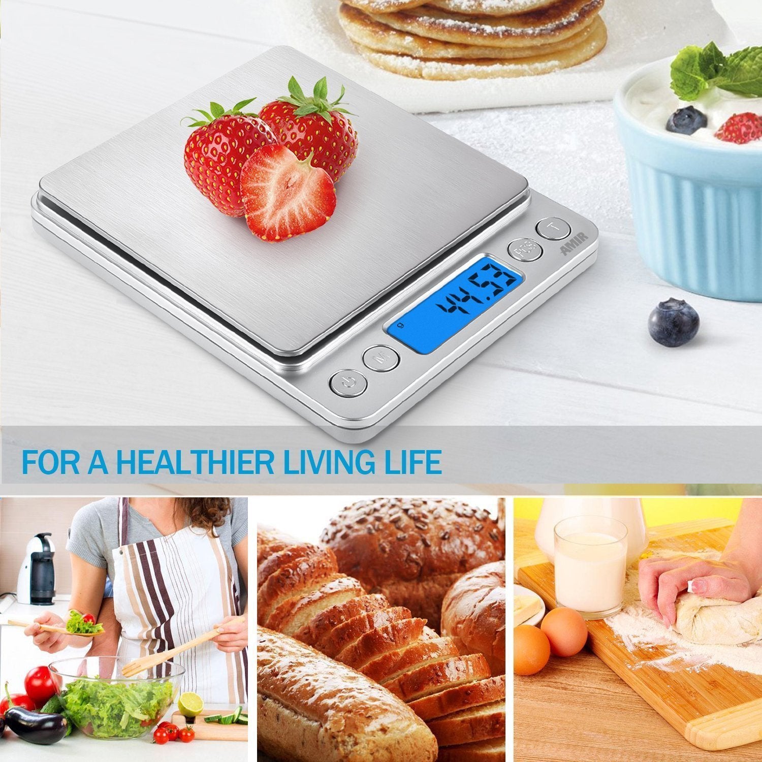 AMIR digital kitchen scale back view highlights stainless steel surface for quick cleaning.
