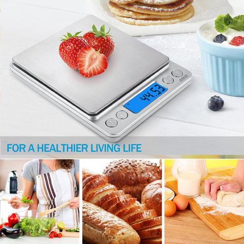 AMIR digital kitchen scale back view highlights stainless steel surface for quick cleaning.