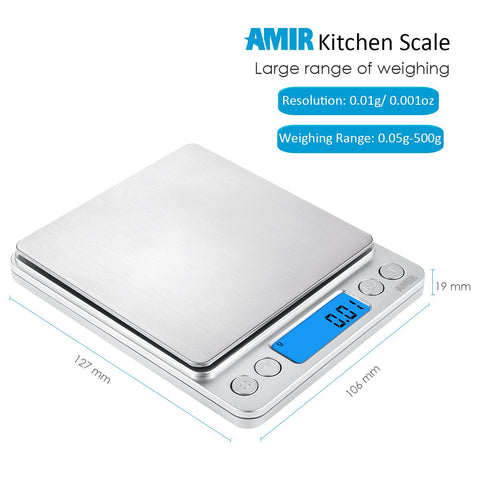 AMIR digital kitchen scale compact design fits small countertops and drawers.