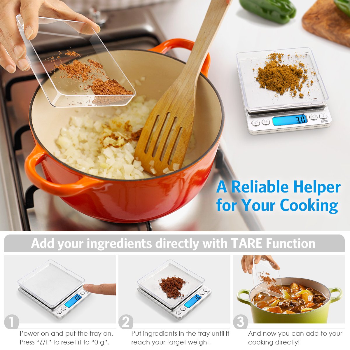 AMIR digital kitchen scale with stainless steel platform for durability