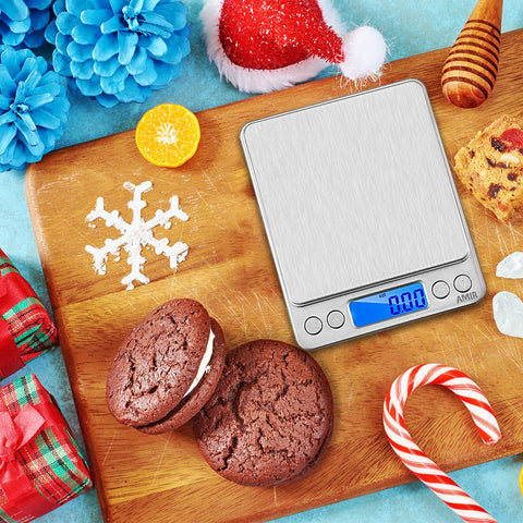 AMIR digital kitchen scale packaging includes batteries for immediate use.