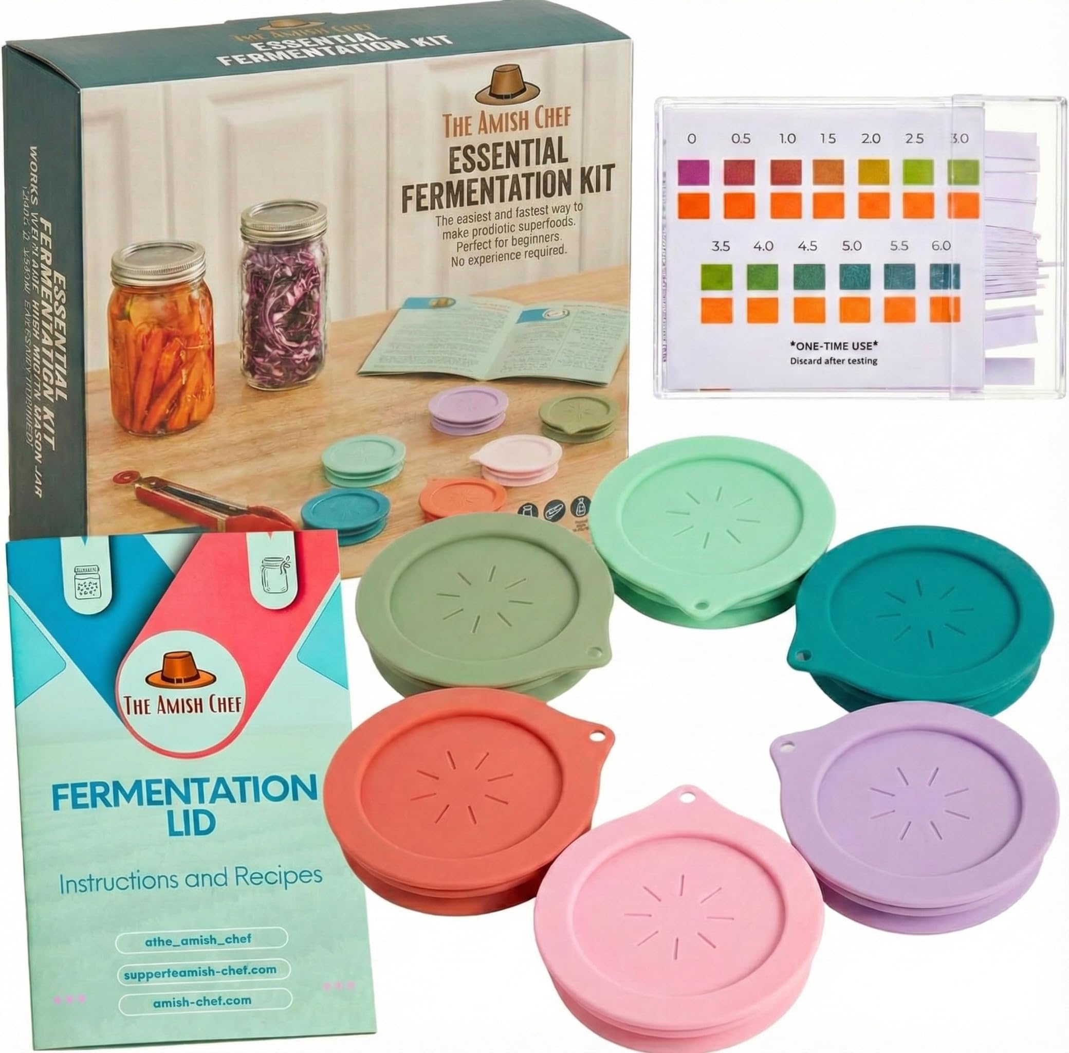 The Amish Chef basic fermentation kit with wide-mouth lids for mess-free home ferments.