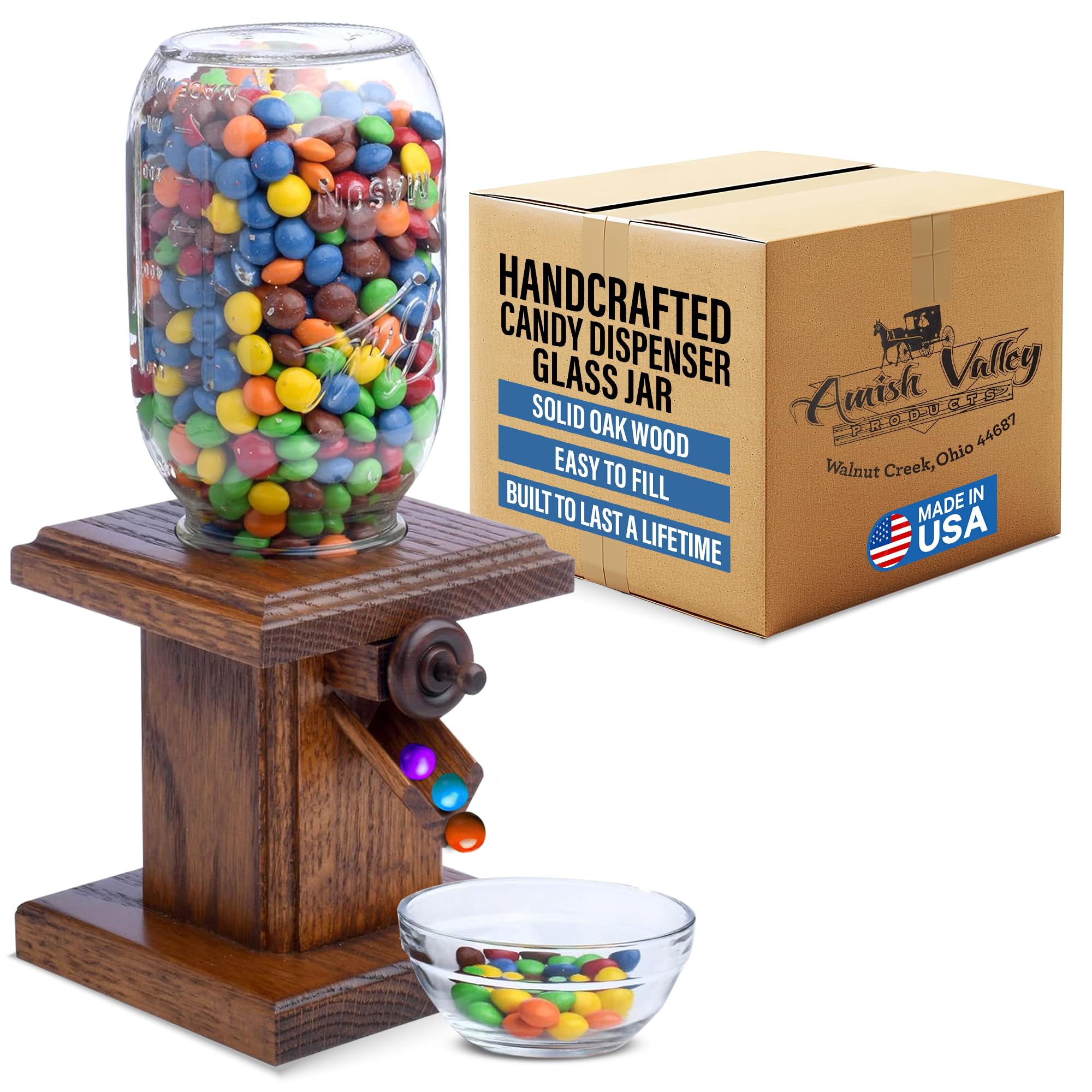 AMISH VALLEY PRODUCTS handcrafted candy dispenser jar shows premium solid oak craftsmanship.