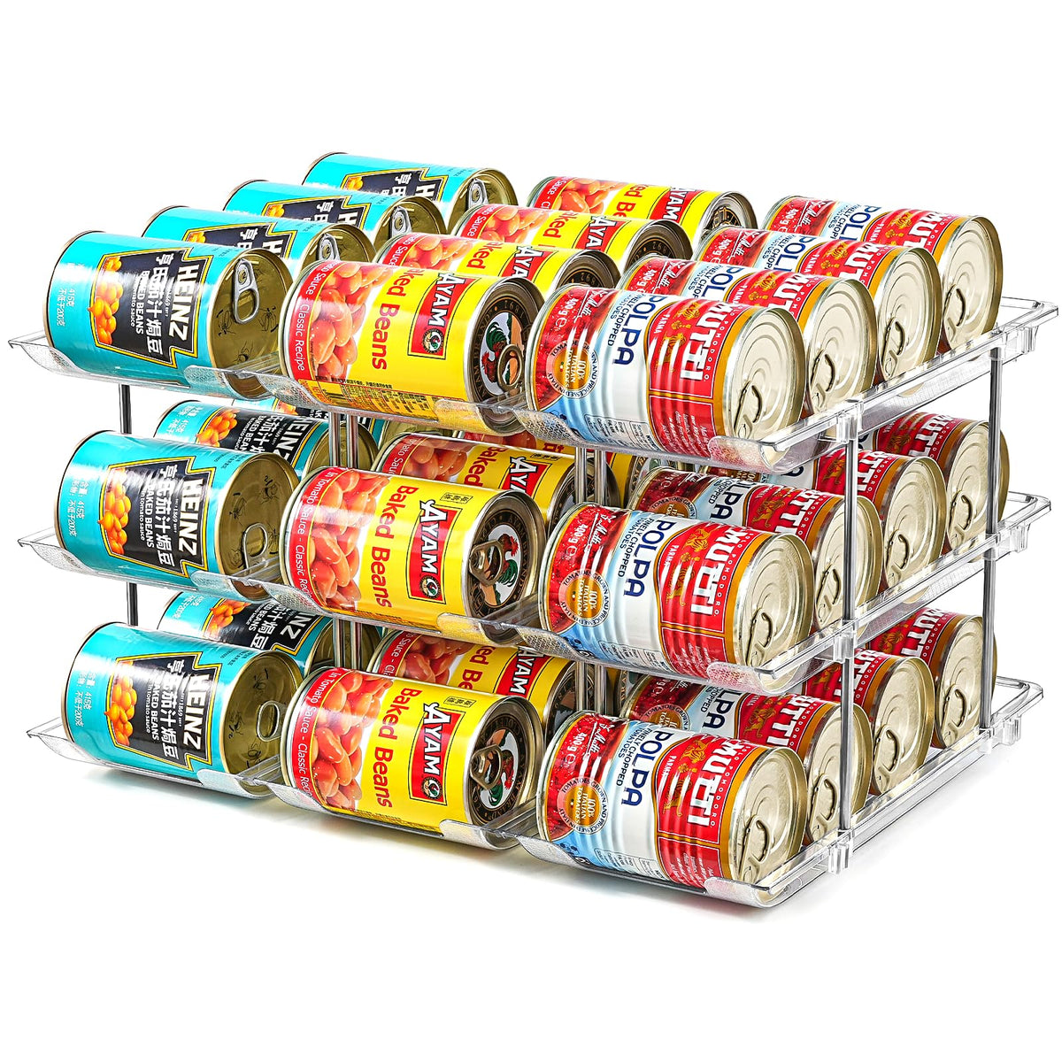 Amllas can organizer mounted in pantry showing three tiers for 36 cans, saving space