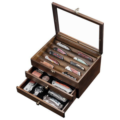 amoard knife display case with glass lid showcases the collection while protecting it from dust.