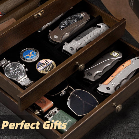 amoard display case lower drawer stores four folding knives and a compact item compartment.