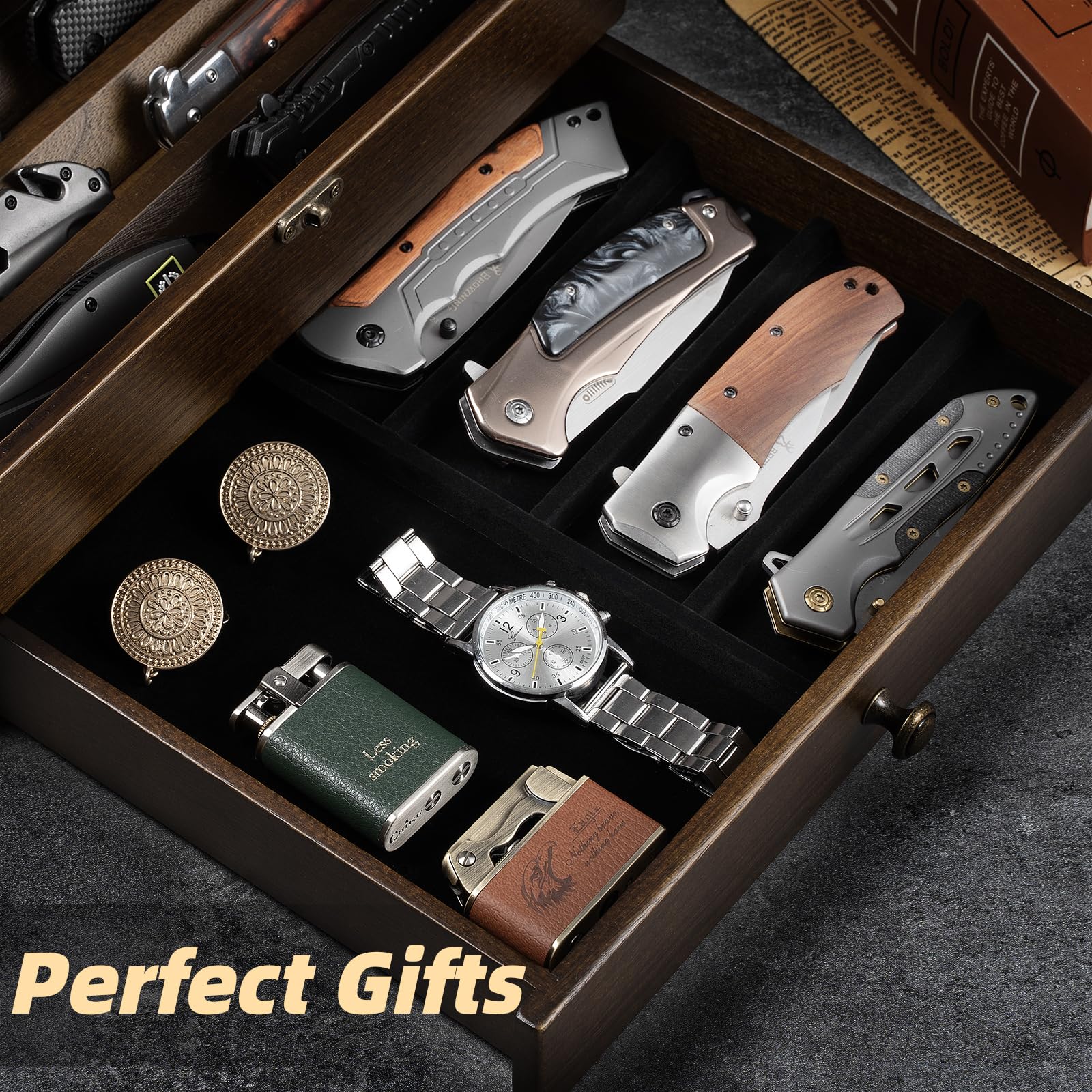 amoard wooden display case with lower drawer stores folding knives
