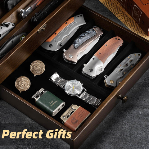 amoard wooden display case with lower drawer stores folding knives