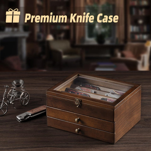 amoard knife case crafted from natural solid wood with a clear acrylic cover.