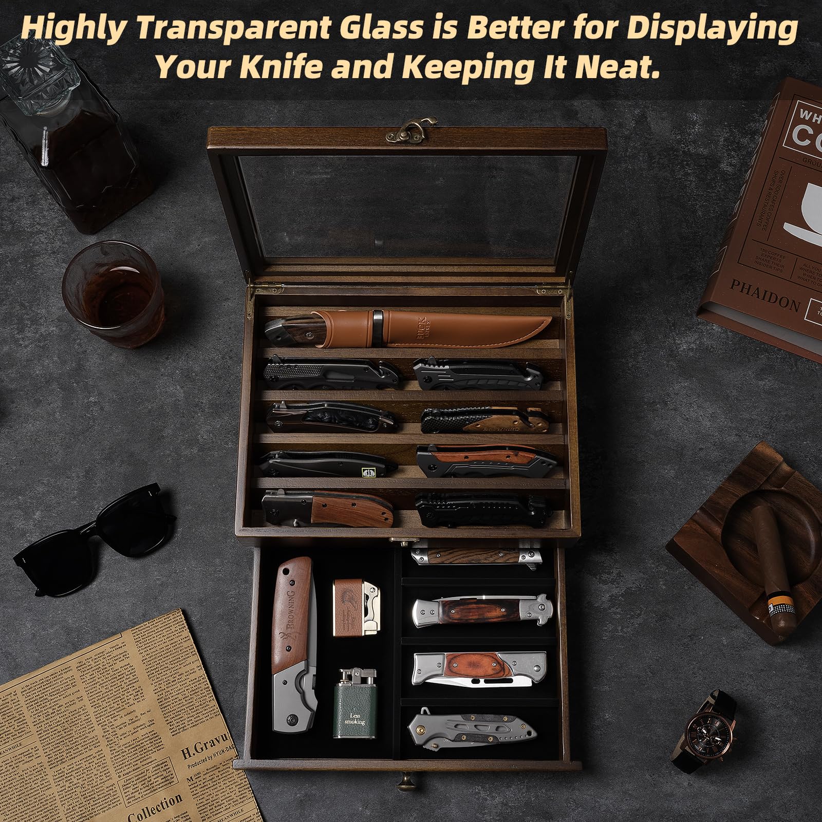 amoard two-tier knife display case highlights long daggers neatly