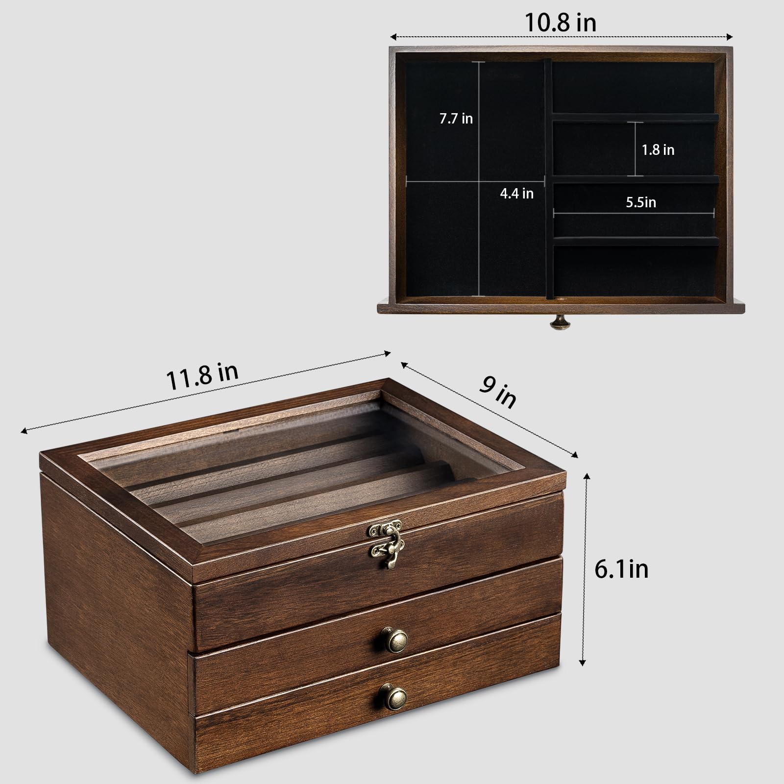 amoard case features warm brown wood with a black drawer for elegant display.