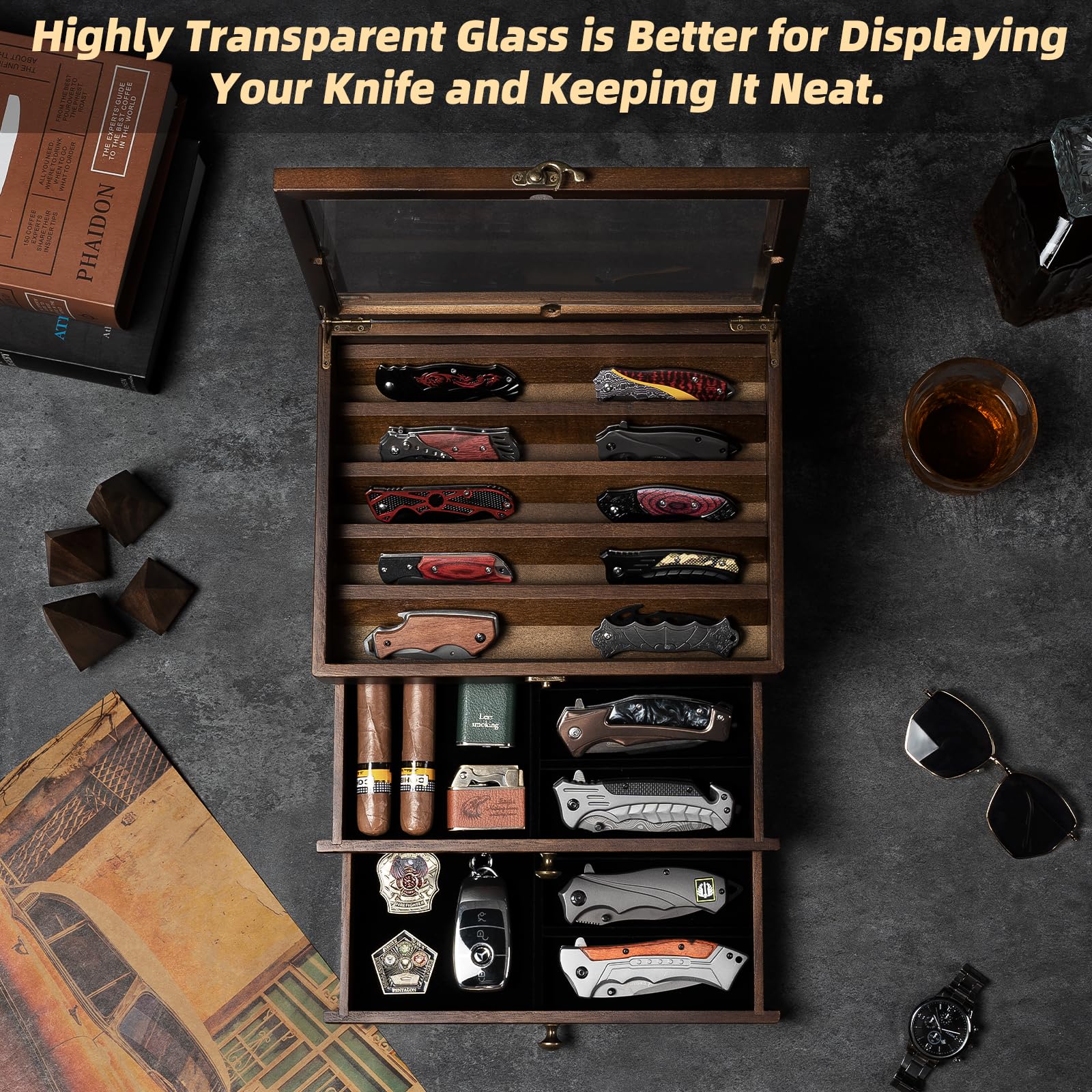 amoard display case upper tier holds five long daggers for dramatic display.