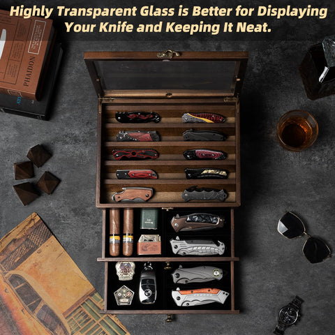 amoard display case upper tier holds five long daggers for dramatic display.