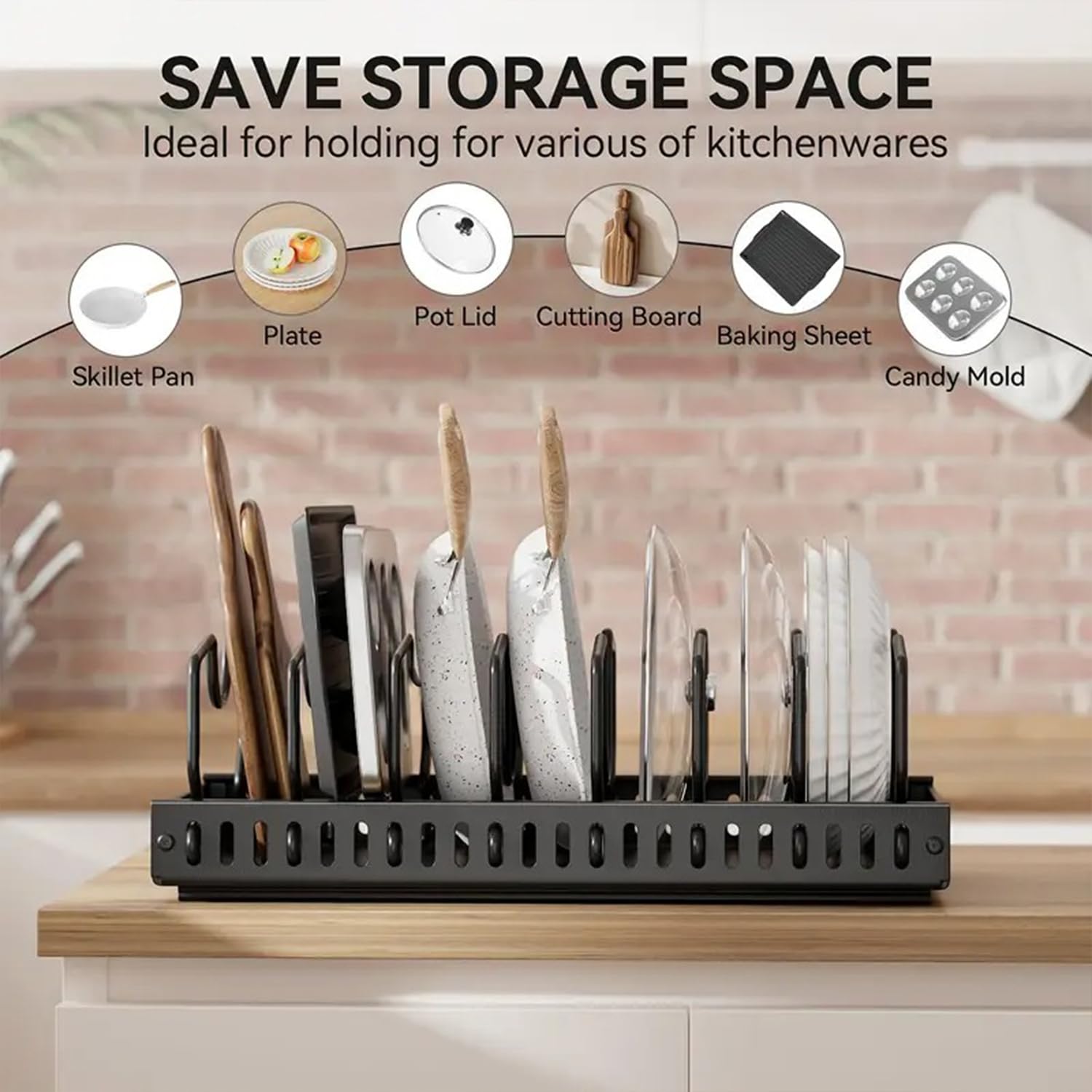AmoiChic black storage rack shown in a compact kitchen cabinet.