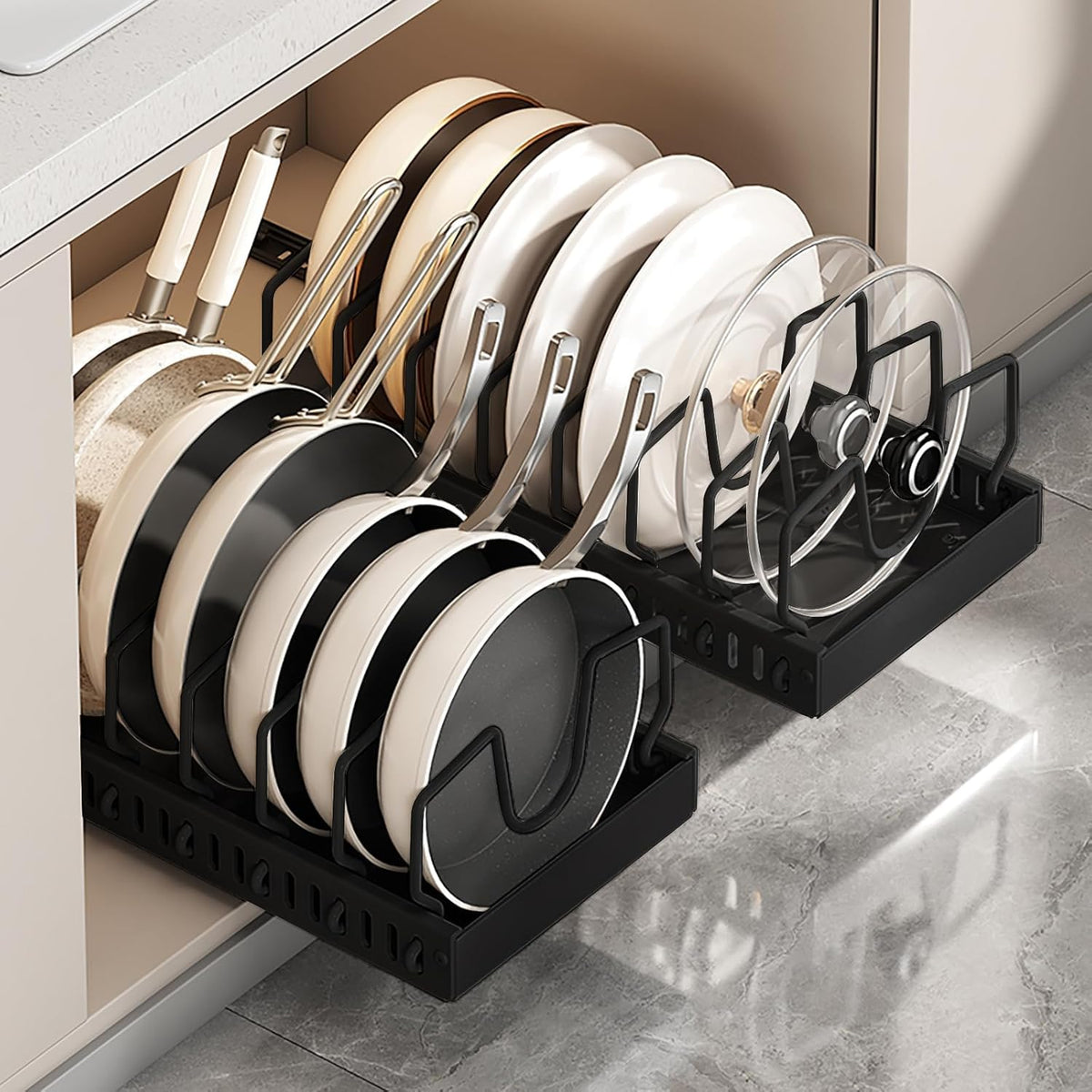 AmoiChic pull-out cabinet organizer with eight adjustable dividers for pots and pans.
