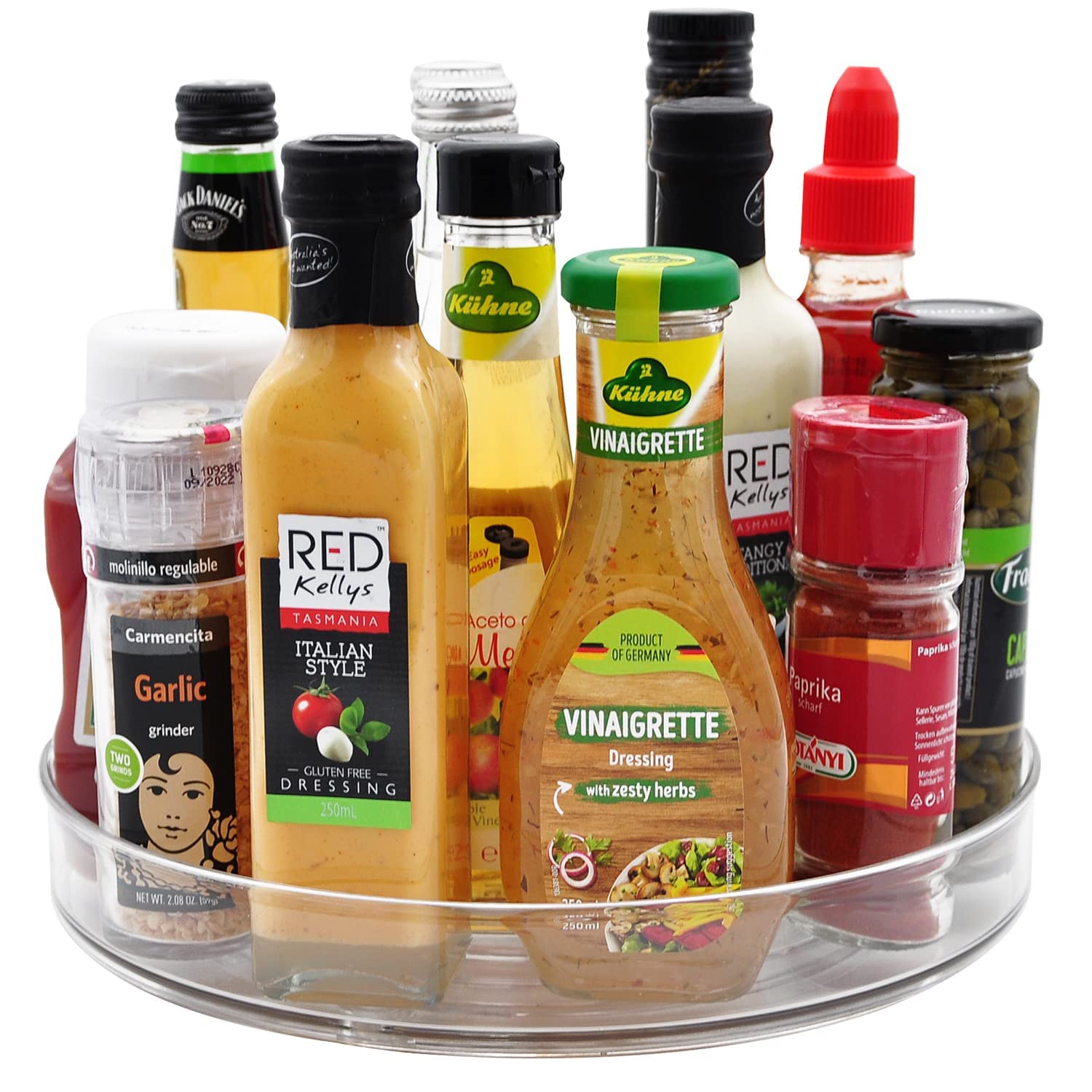 amolliar 11-inch clear lazy susan rotating turntable for easy access to spices and pantry items.