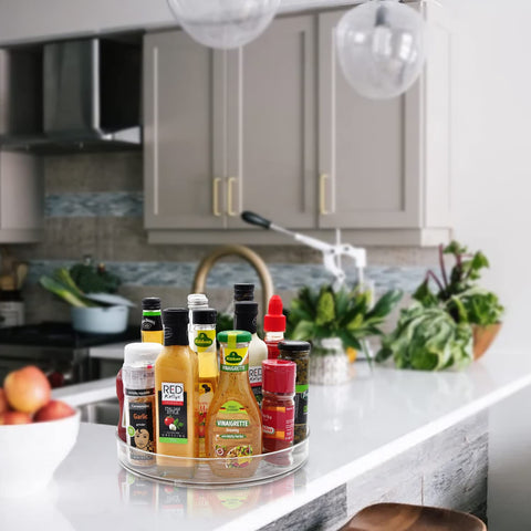 amolliar spice condiment organizer 360 spinner simplifies pantry access to jars and bottles.