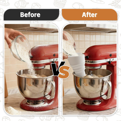 Anti-splash pouring funnel helps keep countertops clean during baking.