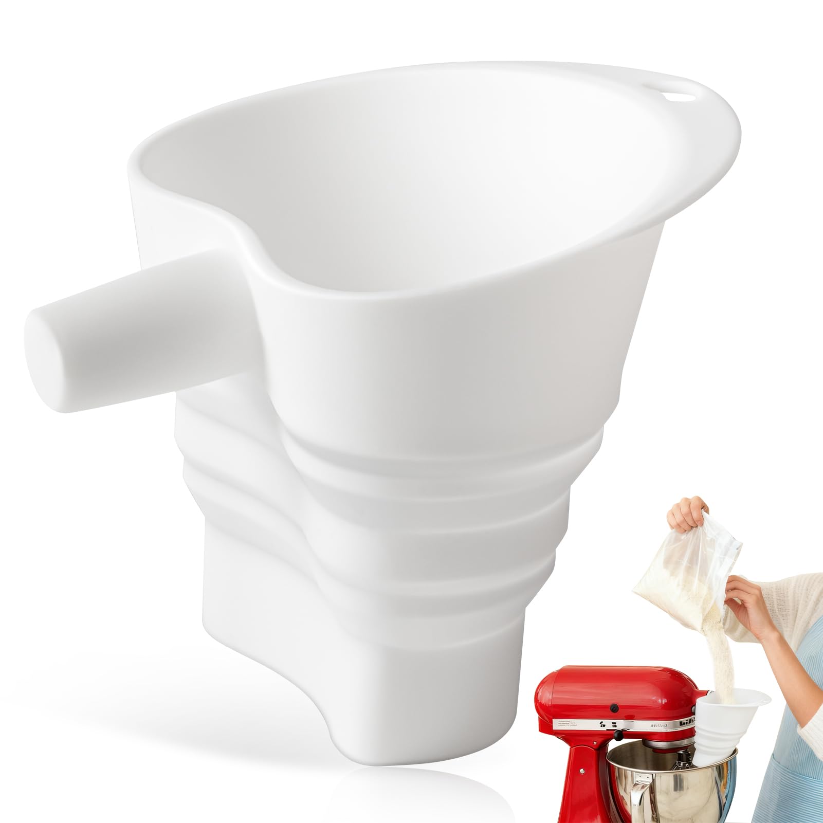 Amoner U flour funnel for KitchenAid attachment guides flour neatly into the bowl.