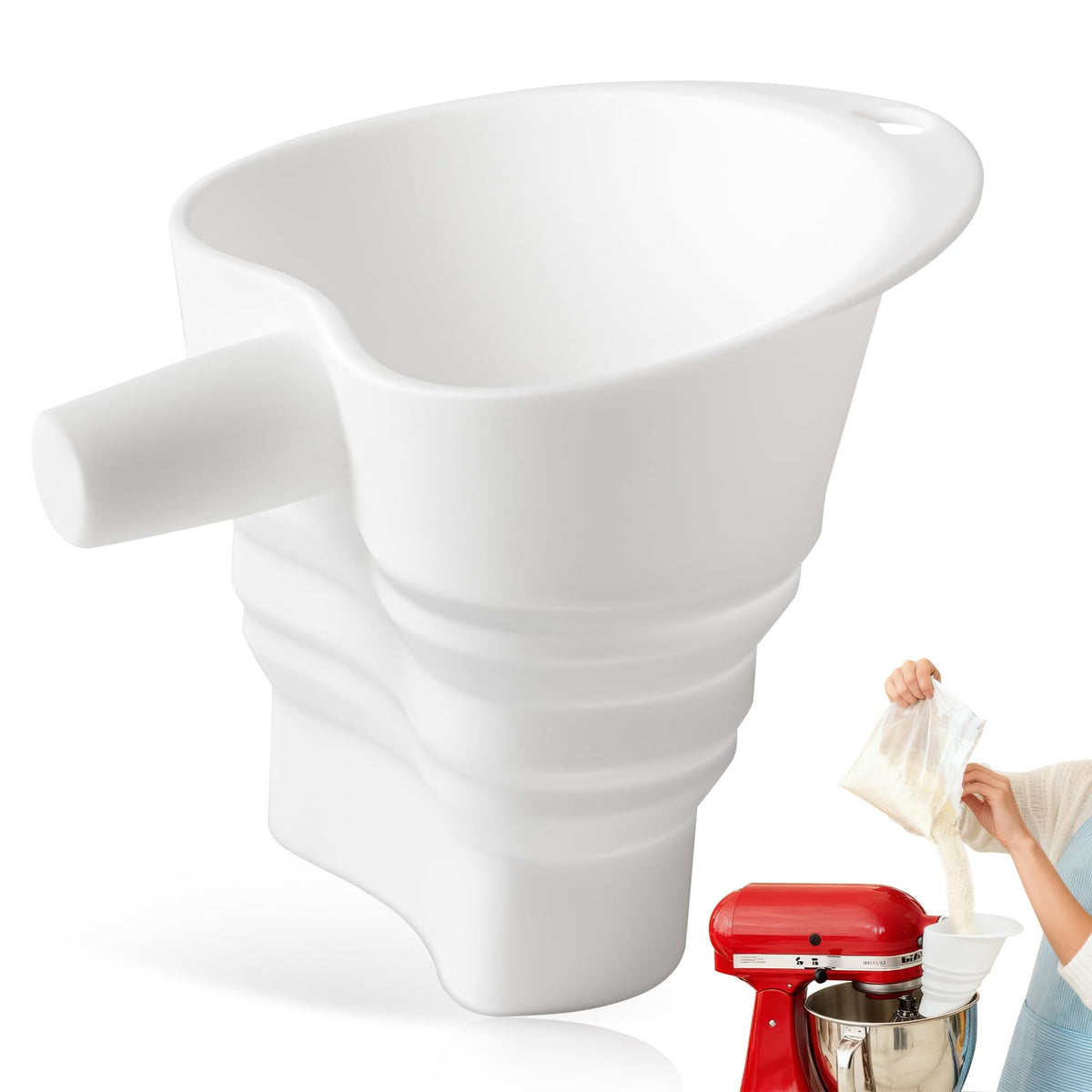 Amoner U flour funnel for KitchenAid attachment guides flour neatly into the bowl.