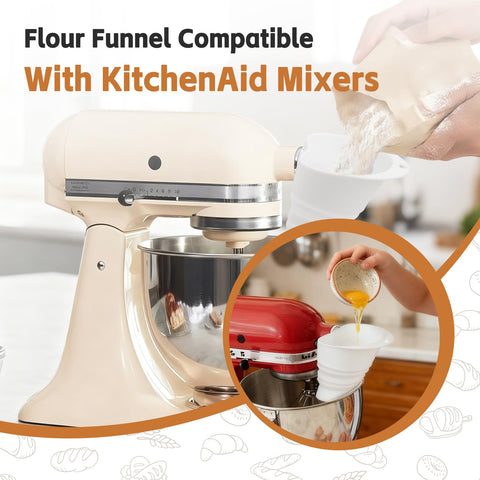 Tilt-head mixer funnel designed for 4.5-5 qt models reduces spills.