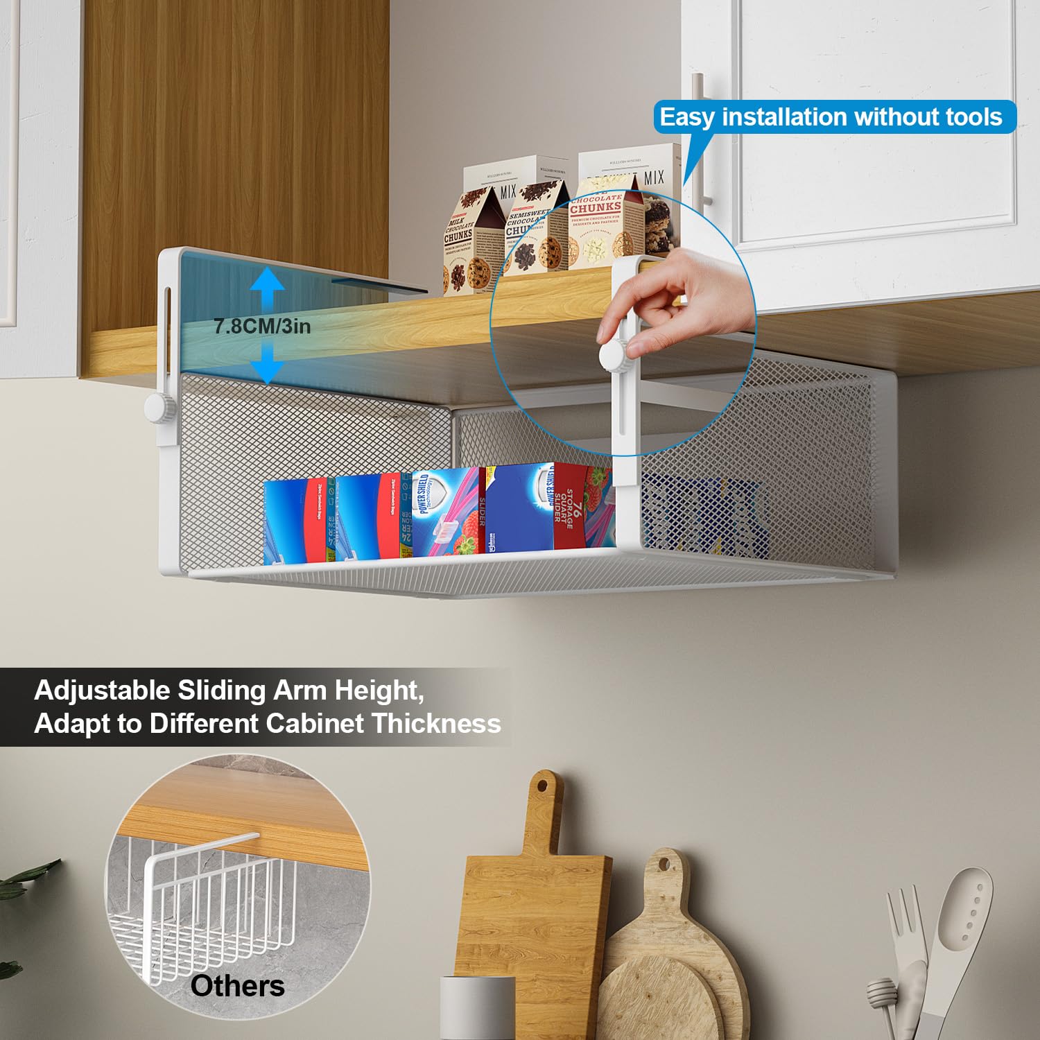 AmonHouseware adjustable hanging arm demonstrates flexible height for cabinet depths
