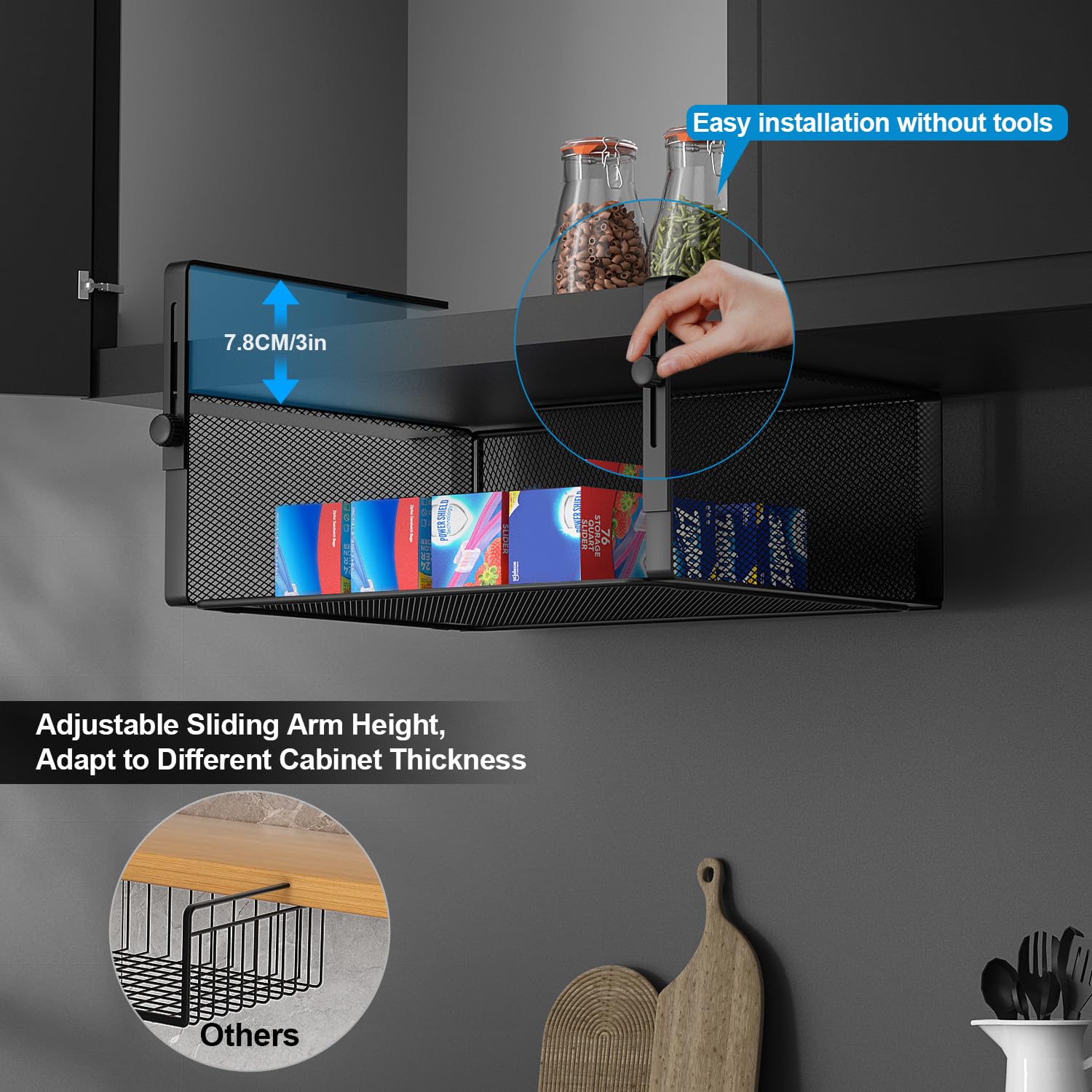 AmonHouseware adjustable hanging arm enables height customization for shelves.