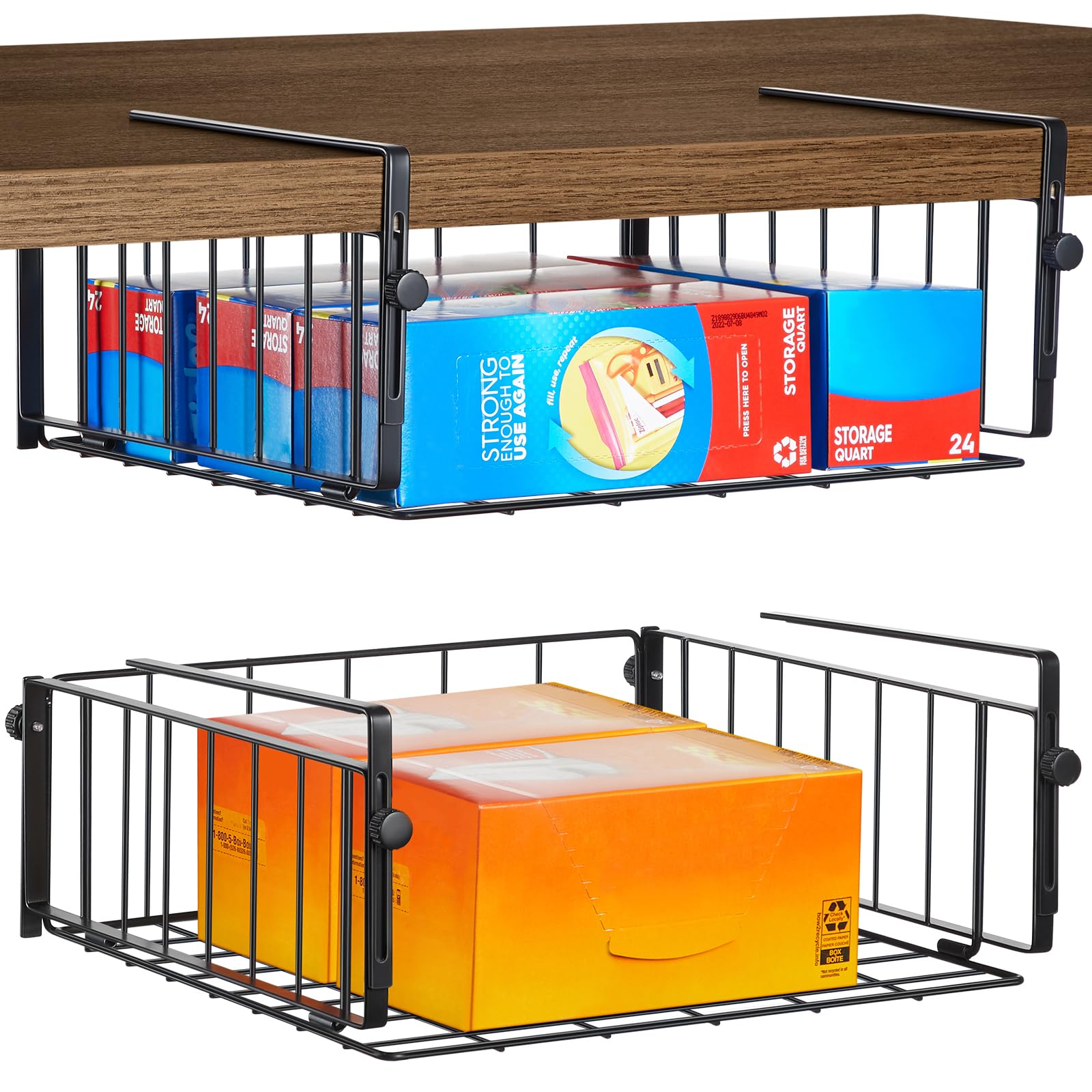 AmonHouseware hanging-under-shelf basket shows tool-free setup for cabinets