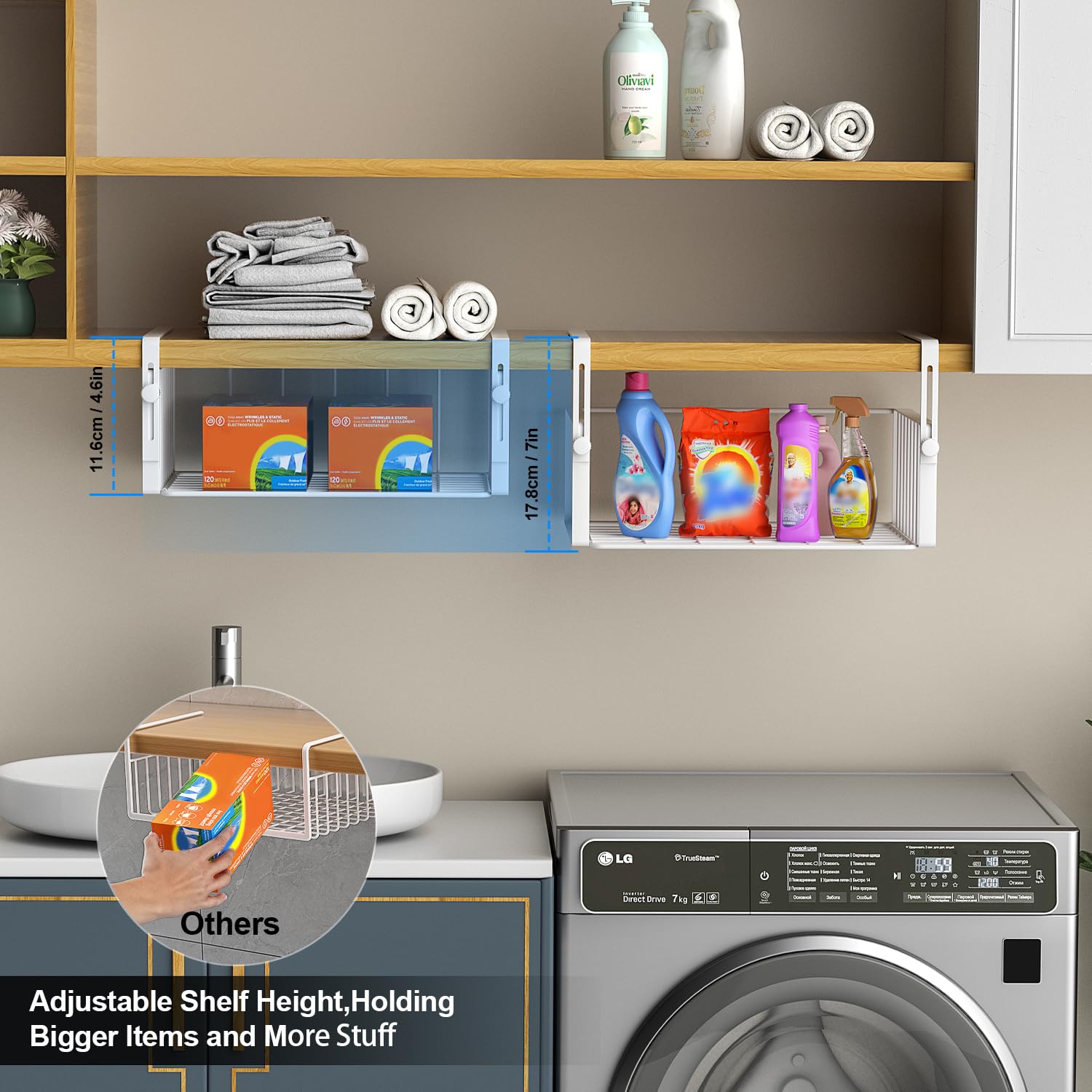 AmonHouseware adjustable-arm detail demonstrating flexible height without tools.