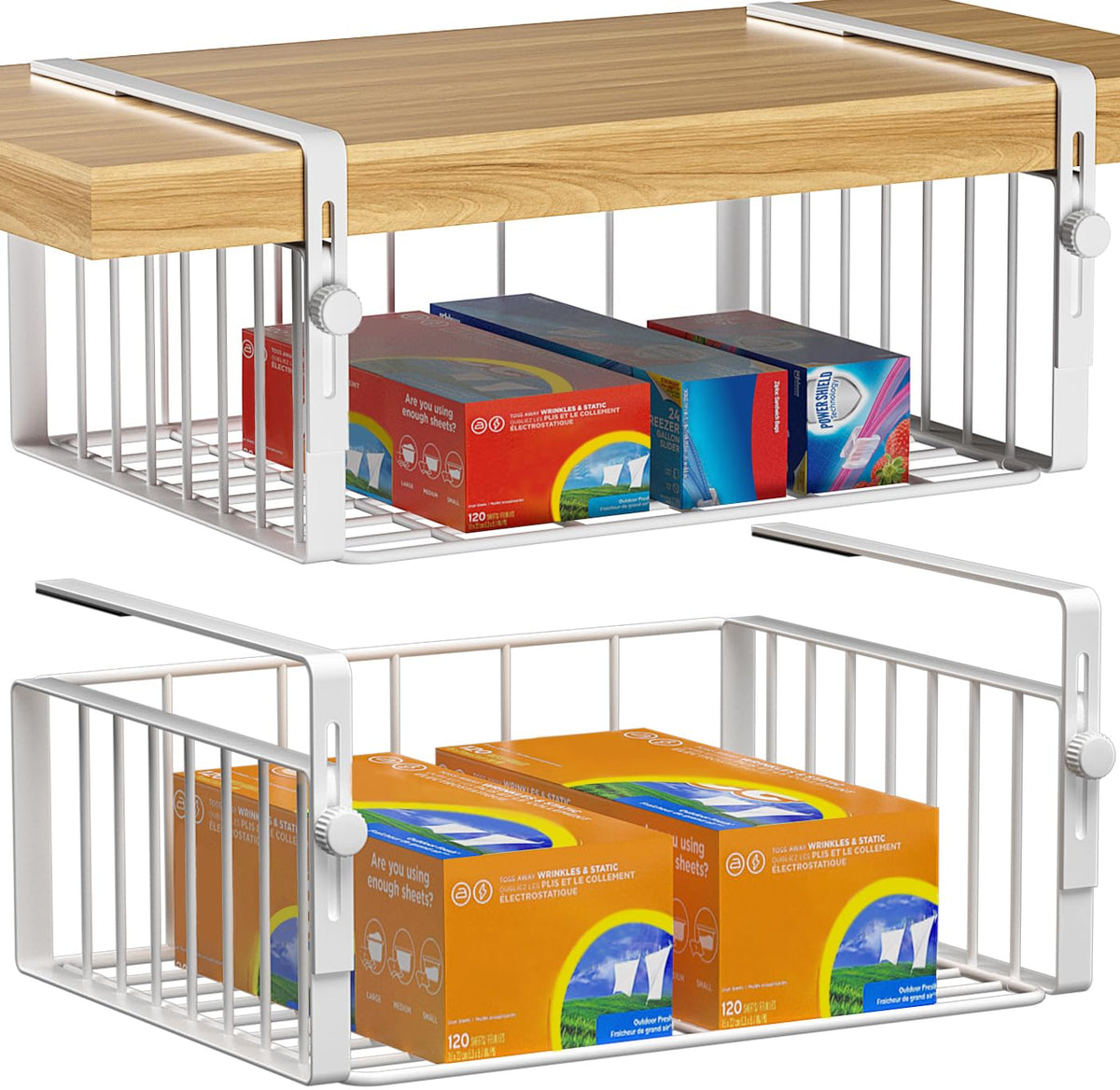 AmonHouseware under shelf basket front view showing spacious pantry storage.