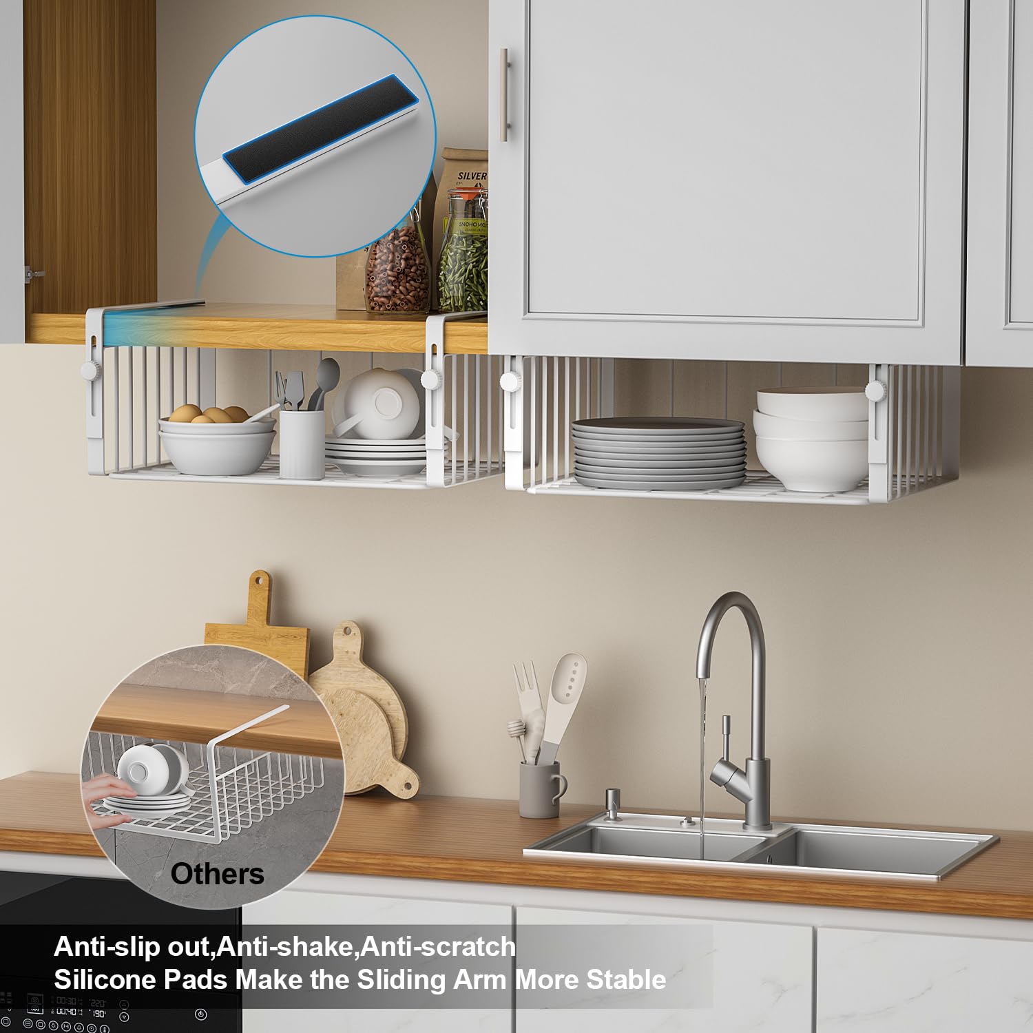 In-cabinet use with larger items like cans and bottles organized neatly.