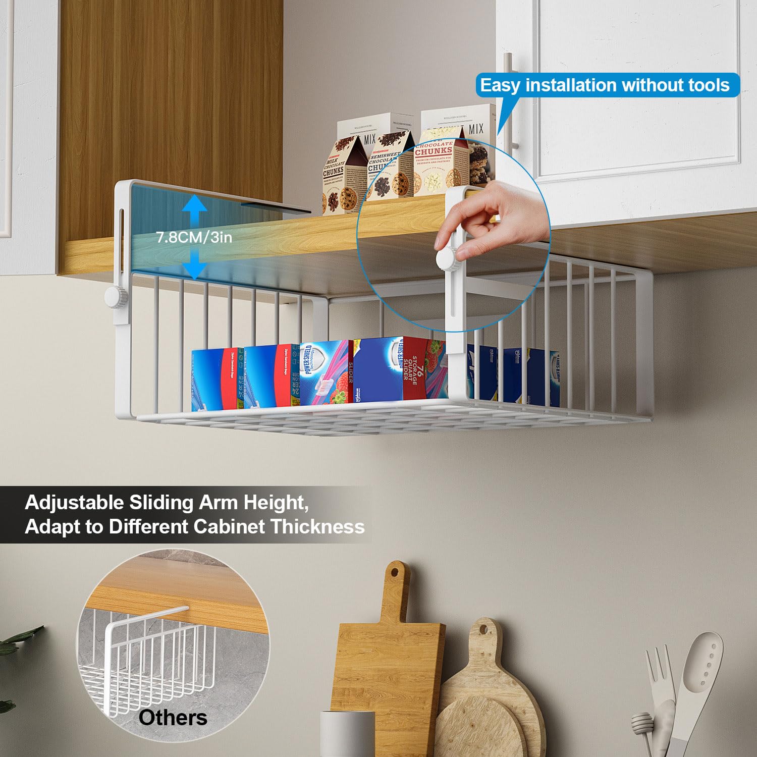 AmonHouseware under shelf basket side view highlighting sturdy arms for stability.