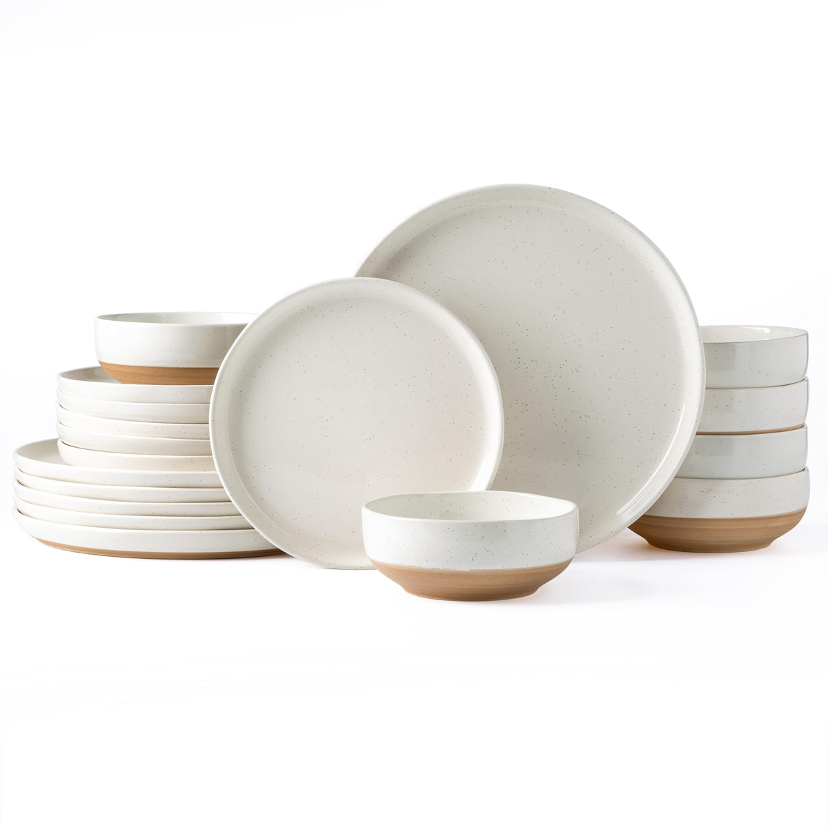 AmorArc 18-piece ceramic dinnerware set on a rustic table with handpainted finish for everyday meals.