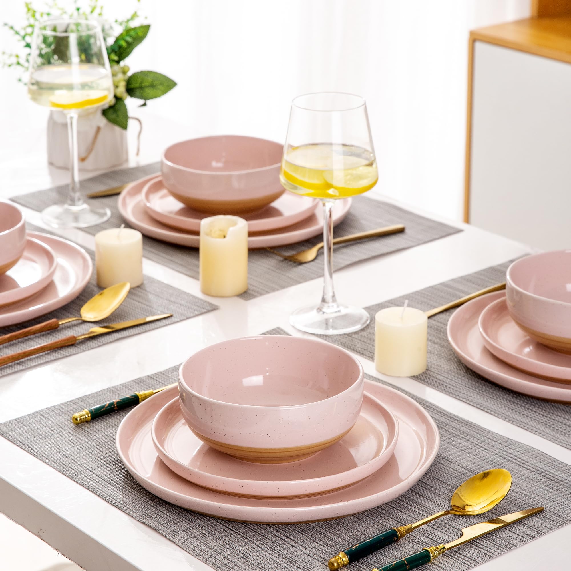 AmorArc cloud pink dinnerware on a stylish table setting.