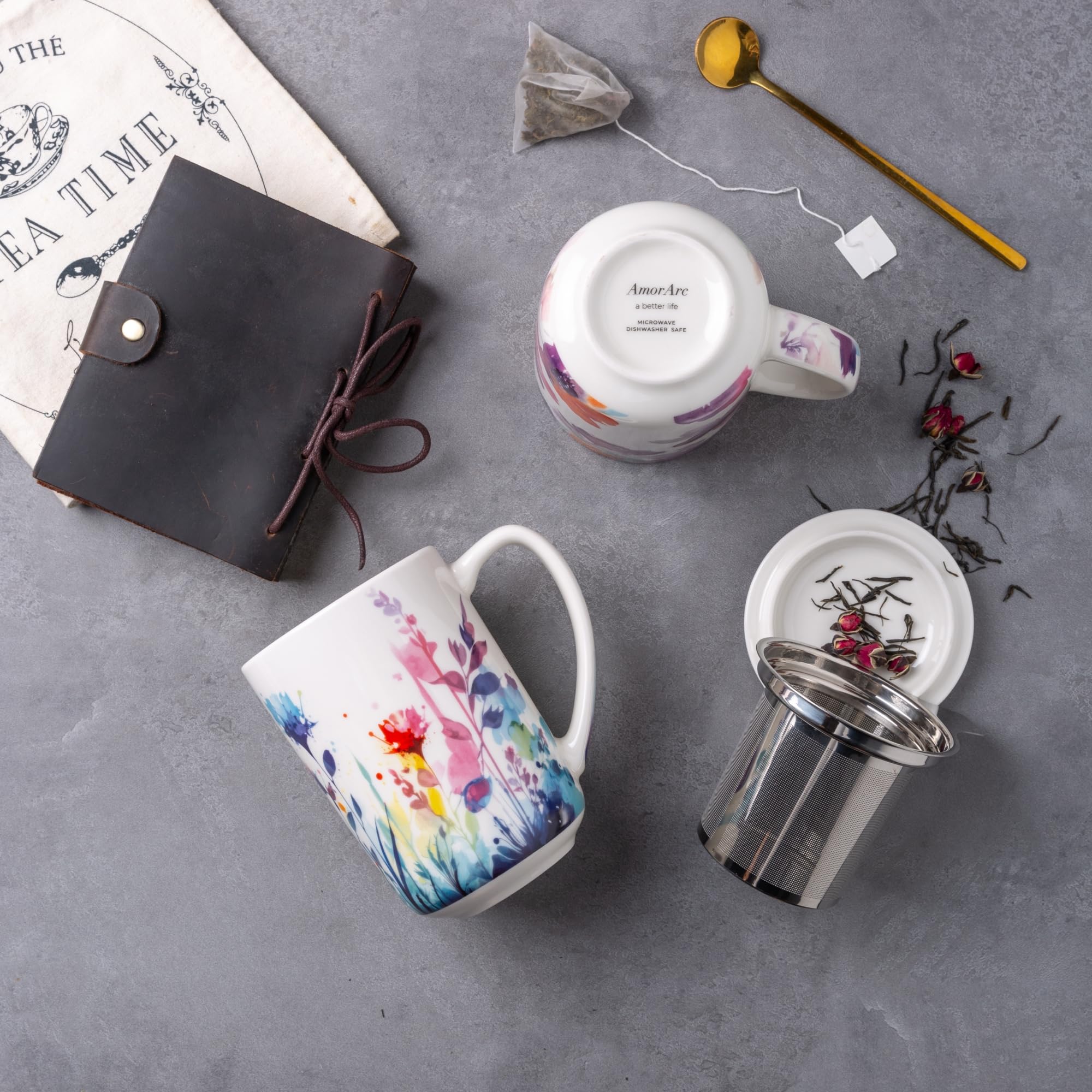 AmorArc porcelain mug showcasing loose leaf brewing