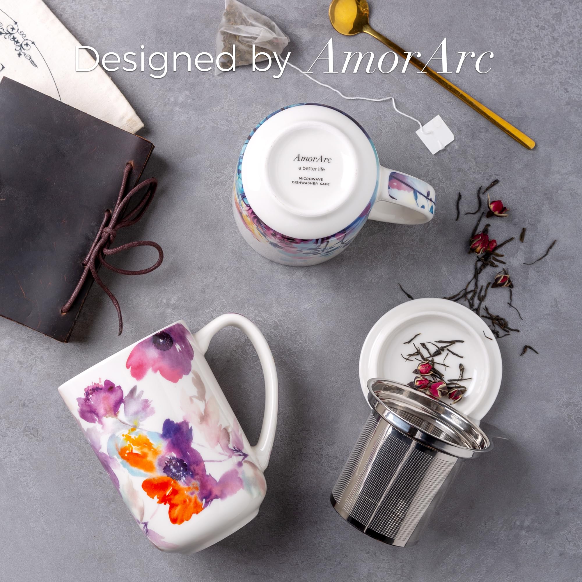 AmorArc tea mug with fine-hole infuser for precise steeping