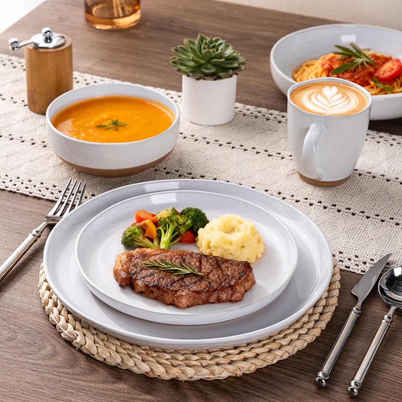 AmorArc rustic terracotta underside highlights warmth and contrast on the table.