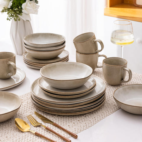 AmorArc stackable dinnerware saves storage space with a rustic, cohesive look.