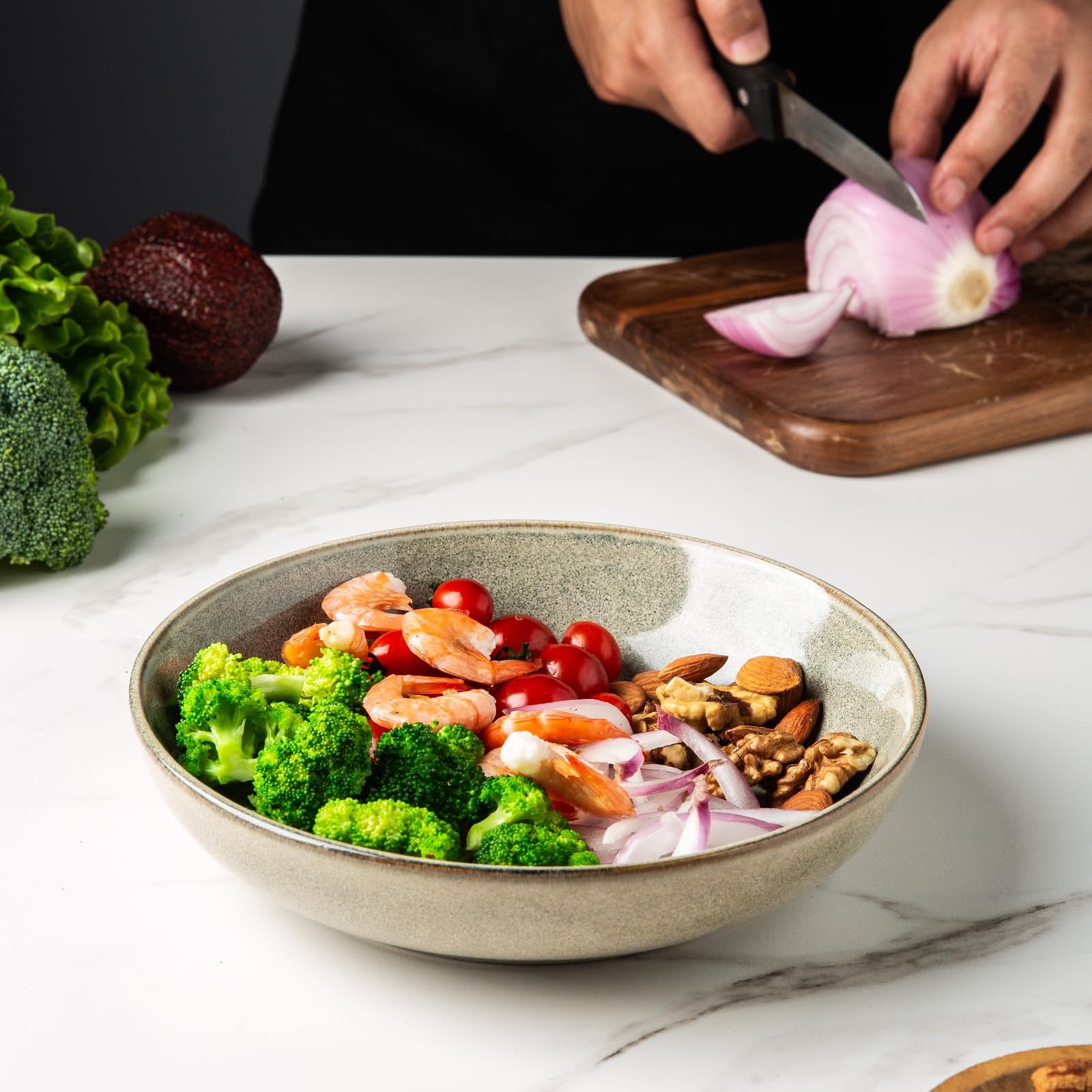 AmorArc stackable pasta bowls save cabinet space.