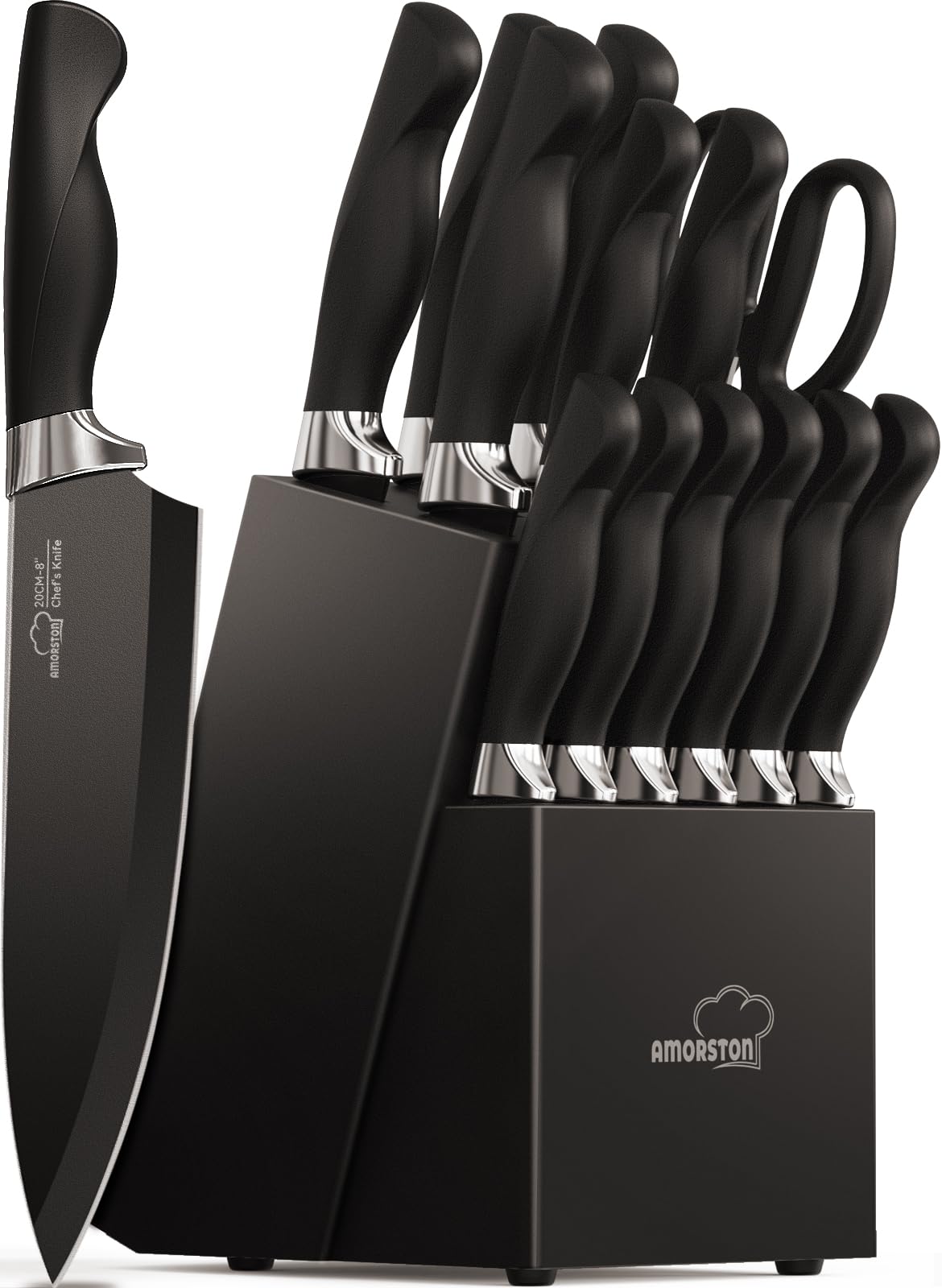 Amorston 15-piece knife set with block and built-in sharpener for organized prep.