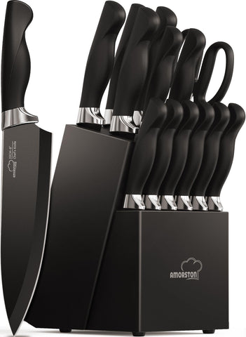 Amorston 15-piece knife set with block and built-in sharpener for organized prep.
