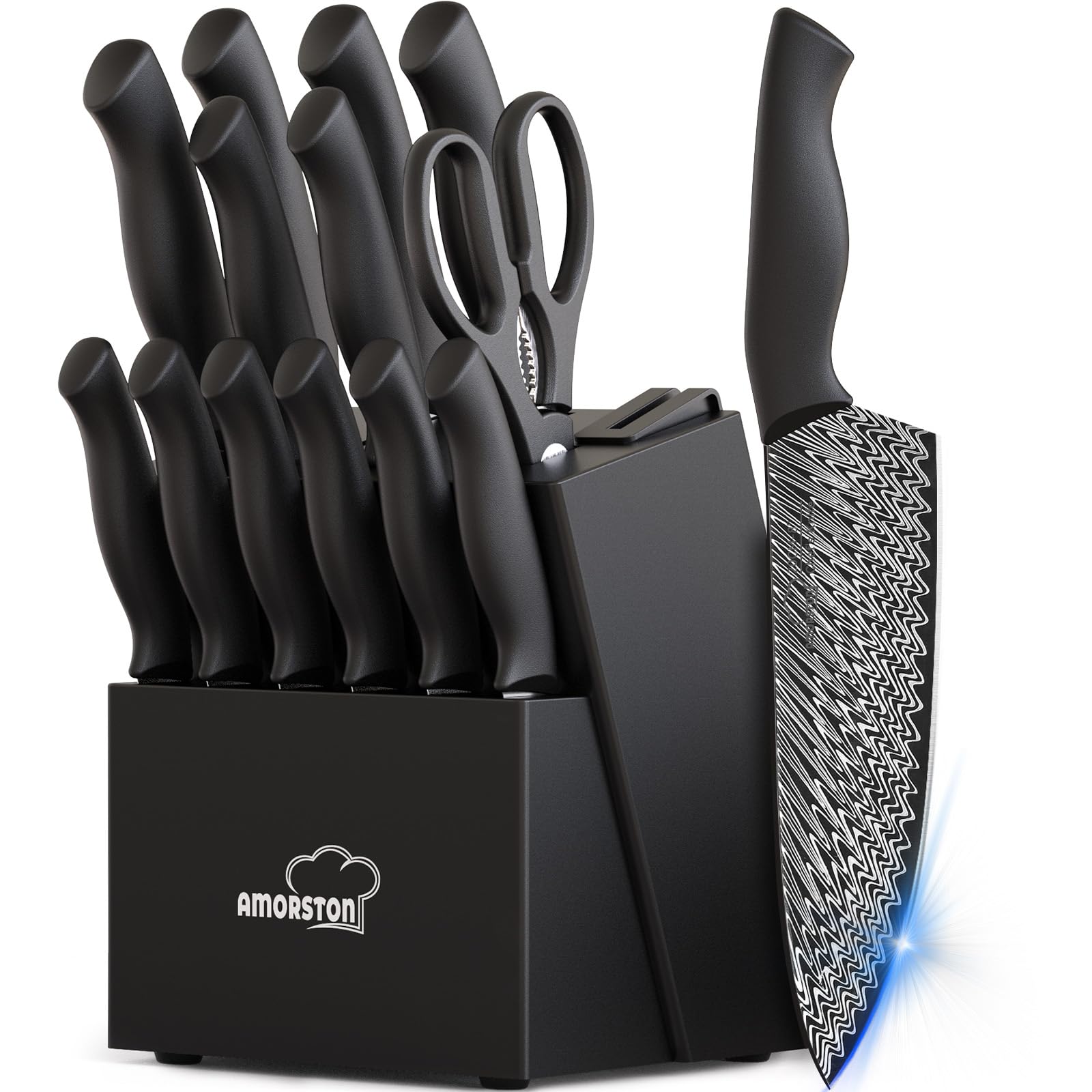 Amorston 15-piece knife set with built-in sharpener for precise home slicing