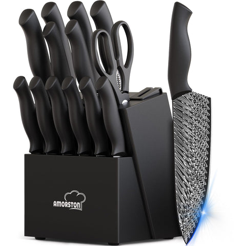 Amorston 15-piece knife set with built-in sharpener for precise home slicing