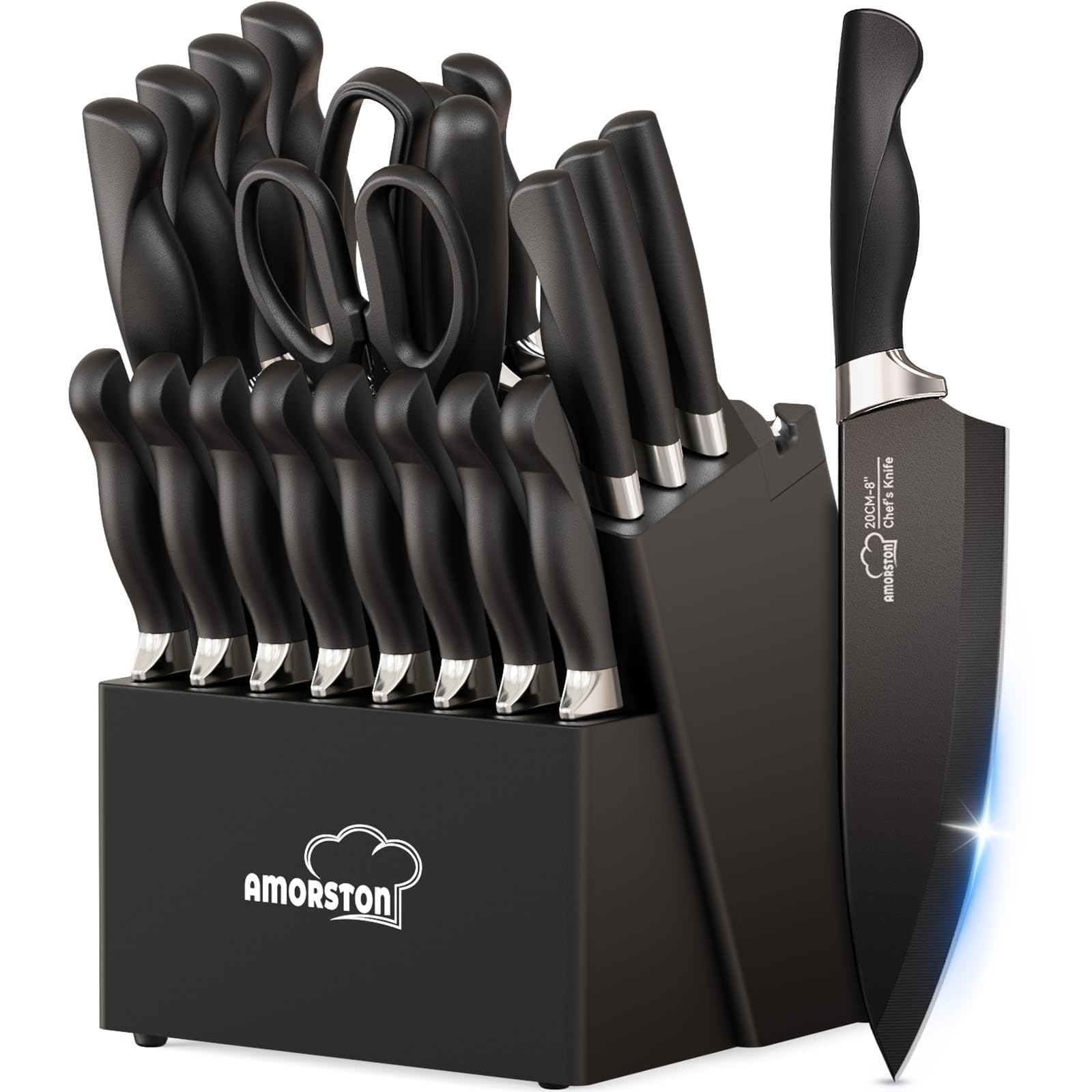 Amorston 21-piece knife set in block, organized for easy access during prep.