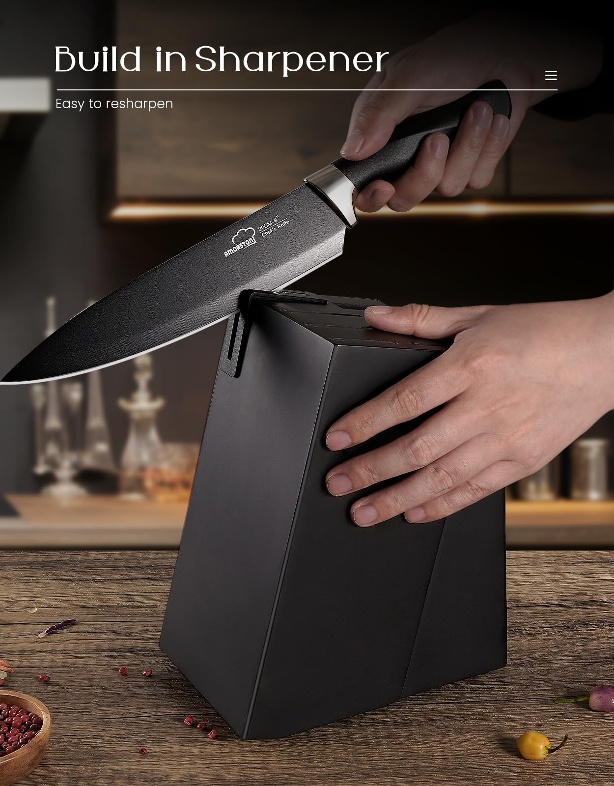 Amorston 8-inch slicing knife enables clean cuts through larger foods.